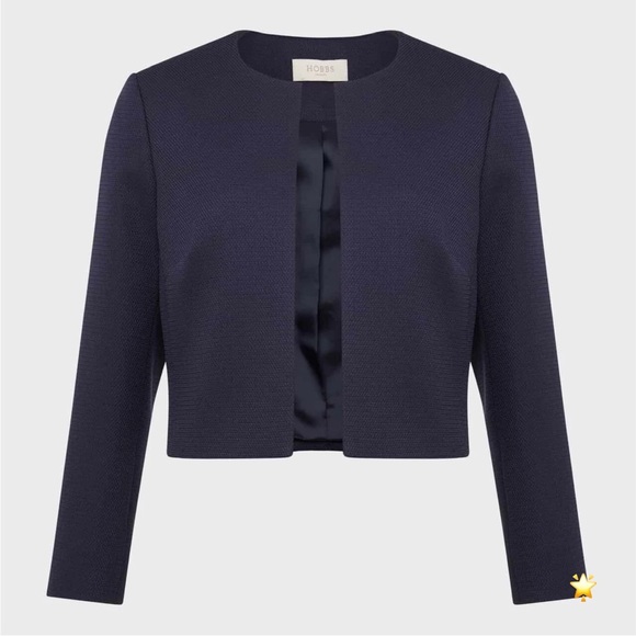 SIZE M HOBBS LONDON TEXTURED NAVY CROPPED BLAZER JACKET 3/4 SLEEVE - Picture 4 of 12